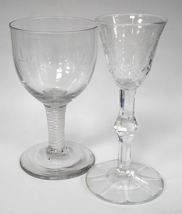 A DSOT stem goblet, circa 1765, with a cup shaped bowl, diamond point engraved ‘J Edden’and a facet stem wine glass, circa 1770, the round funnel bowl engraved with fruiting vines a chrysanthemum and a moth, 15.3cm and 1